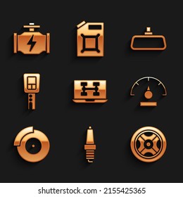Set Diagnostics condition of car, Car spark plug, wheel, Speedometer, brake disk with caliper, key remote, mirror and Check engine icon. Vector