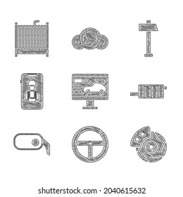 Set Diagnostics condition of car, Steering wheel, Car brake disk with caliper, muffler, rearview mirror, Online services, Hammer and radiator cooling system icon. Vector
