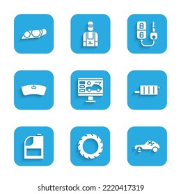 Set Diagnostics condition of car, Car tire wheel, Broken, muffler, Canister for motor machine oil, Windshield, key with remote and headlight icon. Vector