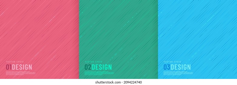 Set of diagonal lines dots overlapping on pink, green and light blue abstract background. Modern and minimal halftone design. Dynamic speed dots pattern template with copy space. Vector illustration