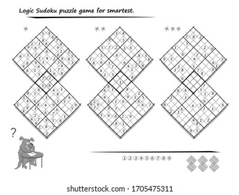 Conjunto de puzzles de Sudoku diagonales. 3 niveles de dificultad. Juego lógico para niños y adultos. Página impresa para los niños libro teaser del cerebro. Desarrollando habilidades de conteo. Prueba de entrenamiento de CI. Vectores en blanco y negro