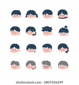 Set of diagonal-view face icon illustrations of people of various ages