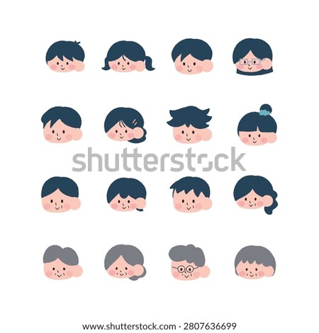 Set of diagonal-view face icon illustrations of people of various ages