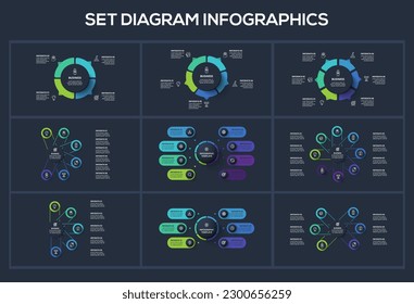 Set Diagram dark infographics elements with 3, 4, 5, 6 options, template for web on a black background.