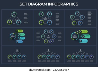 Set Diagram dark infographics elements with 3, 4, 5, 6 options, template for web on a black background.