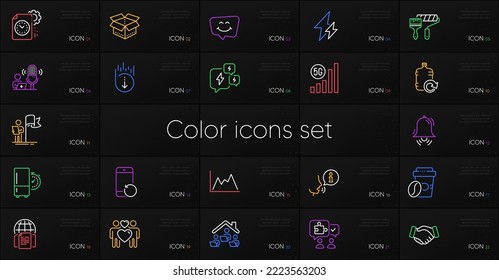 Set of Diagram, Electricity and Work home line icons. Include Puzzle, Recovery phone, Refrigerator timer icons. Love couple, Handshake, Open box web elements. Smile chat, Stress. Vector