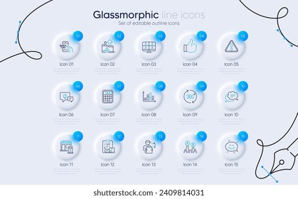 Set of Diagram graph, Inventory checklist and Smile chat line icons for web app. Warning, 360 degrees, Tax calculator icons. Ab testing, Food delivery, Text message signs. Vector