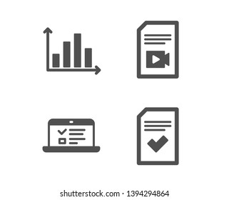 Set of Diagram graph, Video file and Web lectures icons. Checked file sign. Presentation chart, Vlog page, Online test. Correct document.  Classic design diagram graph icon. Flat design. Vector