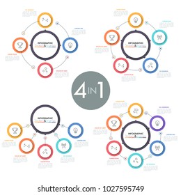 Set of diagrams with circles placed around main central round element or connected to it, thin line icons and text boxes. Modern infographic design template. Vector illustration for business report.