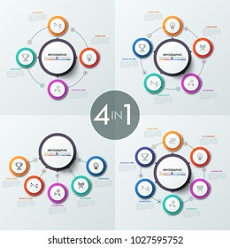Set of diagrams with circles placed around main central round element or connected to it, thin line icons and text boxes. Modern infographic design template. Vector illustration for business report.