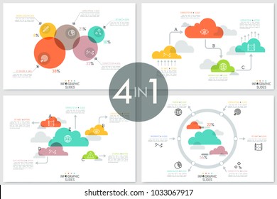 Set of diagrams with colorful translucent circles and clouds, arrows, percentage indication, thin line symbols and text boxes. Creative infographic design templates. Vector illustration for report.