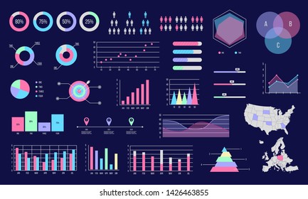 Set of diagrams, graphs, plots and charts.  Business graphs infographic elements. Statistical data, data visualization charts, diagrams, progress bars and graphs. Vector illustration