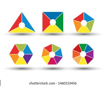 
Set of diagrams. Segmented diagrams with 3, 4, 5, 6, 7 and 8 parts of different shapes and configurations. Business data visualization 