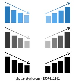 Set Of Diagrams Showing Increase And Decrease. Graph Increase And Decrease Vector Icons In Blue, Gray And Black Colors Isolated On White Background