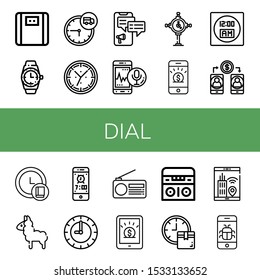 Set of dial icons. Such as Bathroom scale, Wristwatch, Time, Clock, Smartphone, Digital clock, Llama, Radio , dial icons