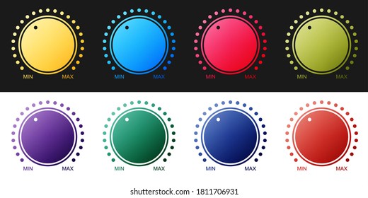 Set Dial knob level technology settings icon isolated on black and white background. Volume button, sound control, music knob with scale, analog regulator. Vector.