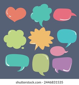 Set of dialog boxes different variants drawn by hand. Vector flat illustrations. Collection pastel color doodle for talk, dialogue. Images produced without the use of any form of AI. software