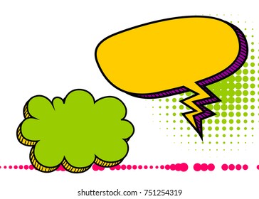 Set dialog picture blank template pop art style comic text speech bubble halftone dot background. Comics book dialog empty cloud, space cartoon box pop-art. Creative idea conversation sketch explosion