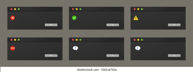 Set of dialogue boxes popups in dark theme of a night mode