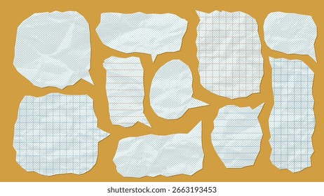 Set of dialogue bubbles made from crumpled paper with math lines notebook pattern. Vintage speech shapes with halftone effect, dotted gritty texture and cut out notebook sheet edges. Vector.