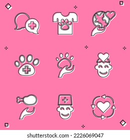 Set Dialogue with doctor, Animal volunteer, Hand holding Earth globe, Veterinary clinic, Volunteer, Donation food and Male icon. Vector