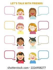 Set of dialogues with different boys. Children with different skin and hair colors. Vector illustration with speech bubbles. Place for your text. In cartoon style. Isolated on white background.