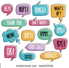 Set of dialogues for quick answers in messenger vector illustration. Different forms and colours of speech bubbles flat style design. Communication concept. Isolated on white