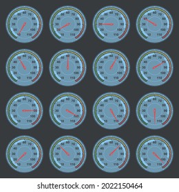 A set of dials with temperature readings from 0 to 110. Individual hand for each temperature indicator. Digital and temperature scale from green to red. Vector illustration of a round thermometer.