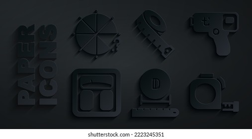 Diámetro, termómetro digital, báscula de baño, construcción de ruleta, cinta de medida y icono Círculo de piezas. Vector