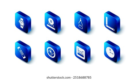 Set Diameter, Drawing compass, Corner ruler, Radius, Graph, schedule, chart, diagram, Compass, Construction bubble level and Wrist watch icon. Vector