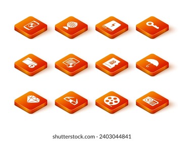 Set Diamond, 3D cinema glasses, Download arrow with folder, Document protection, Film reel and Micro SD memory card icon. Vector