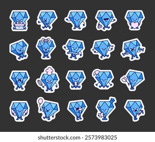 Set of diamond adorable cute kawaii cartoon characters with fun objects, different poses, joyful activities, and festive attributes illustrations for creative design projects and illustrations