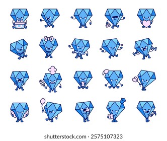 Set of diamond adorable cute kawaii cartoon characters with fun objects, different poses, joyful activities, and festive attributes illustrations for creative design projects and illustrations