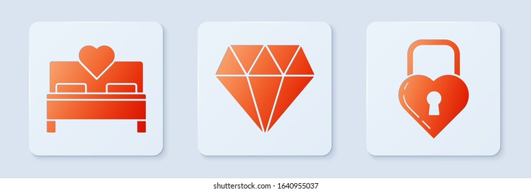 Set Diamond, Bedroom and Castle in the shape of a heart. White square button. Vector