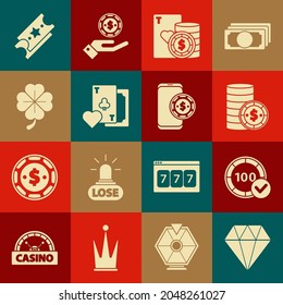 Set Diamond, Casino chips, with dollar, and playing cards, Playing clubs symbol, Four leaf clover, Lottery ticket and Online poker table game icon. Vector