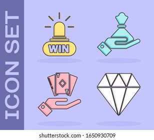 Juego Diamante, Casino ganador, Mano sosteniendo la baraja de cartas de juego y Mano sosteniendo el icono de la bolsa de dinero. Vector