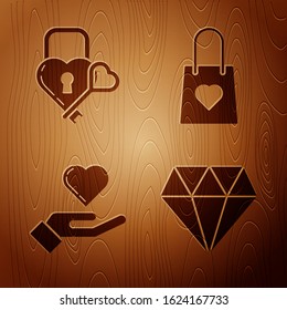 Set Diamond, Castle in the shape of a heart and key, Heart on hand and Shopping bag with heart on wooden background. Vector