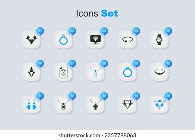 Set Diamond, Zertifikat des Diamanten, Verlobungsring, Ohrringe, Perlenhalskette und Pendant Symbol. Vektorgrafik