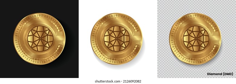 Set of Diamond DMD crypto currency logo symbol vector isolated on white, dark and transparent background. Can be used as golden coin sticker, icon, label, badge, print design and emblem