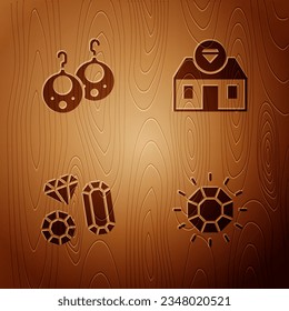 Set Diamond, Earrings, Gem stone and Jewelry store on wooden background. Vector
