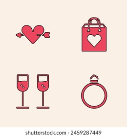Set Diamond engagement ring, Amour with heart and arrow, Shopping bag and Glass of champagne icon. Vector