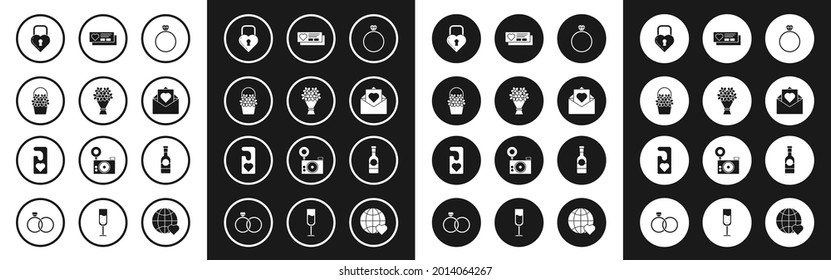 Set Diamond engagement ring, Bouquet of flowers, Flowers basket, Castle the shape heart, Envelope with Valentine, Ticket, Champagne bottle and Please do not disturb icon. Vector