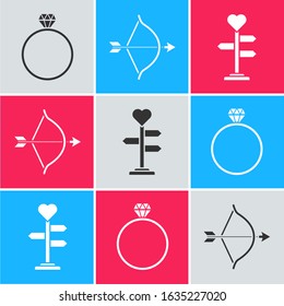 Set Diamond engagement ring, Bow and arrow and Signpost with heart icon. Vector