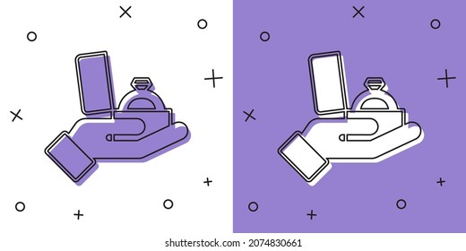 Set Diamond engagement ring in a box icon isolated on white and purple background.  Vector