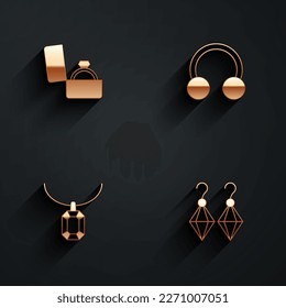 Ajuste el anillo de compromiso de diamantes en la caja, icono Piercing, collar de Pendant y Earrings con sombra larga. Vector
