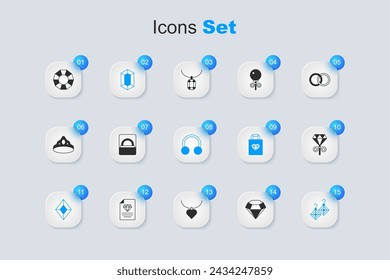 Set Diamond, engagement ring in box, Gem stone, Earrings, Stud earrings,  and Piercing icon. Vector