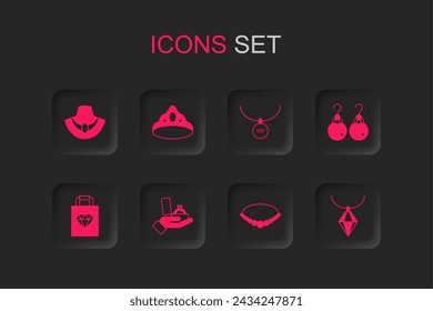 Set Diamant Verlobungsring in Box, König Krone, Halskette Mannequin, Perlenkette, Ohrringe, Anhänger, Medaillon und Einkaufstasche Schmuck-Ikone. Vektor