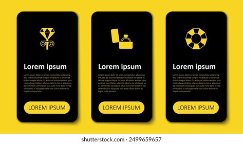 Set Diamant, Verlobungsring in Box und Ohrstecker. Vorlage für Geschäftsinformationen. Vektorgrafik