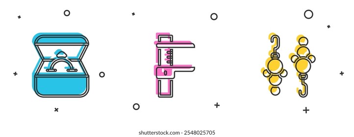 Anillo de compromiso de diamantes en caja, calibre o pinza y escala e icono de pendientes. Vector
