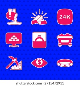 Set Diamond engagement ring in box, Eye with dollar, Gold, Mine cart gold, mining, bars, 24k and Molten being poured icon. Vector